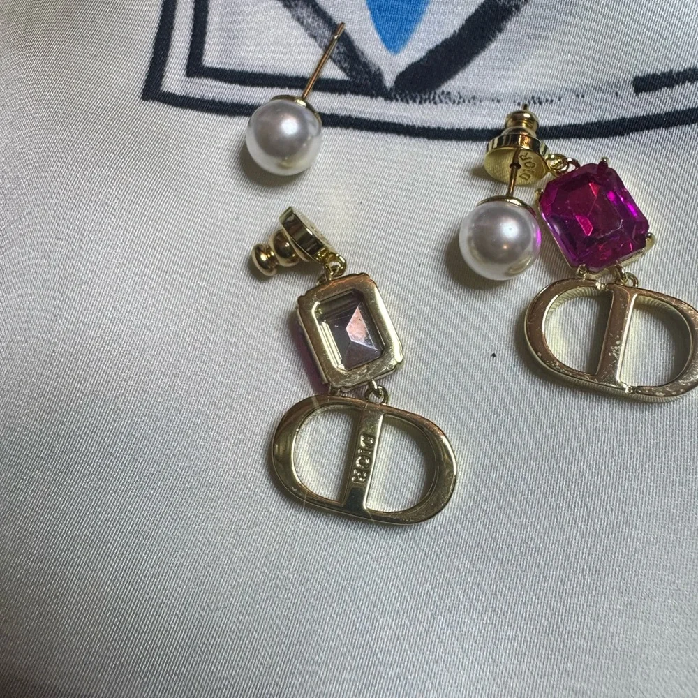 Dior Gold-Tone Earrings with Fuchsia Crystal & Pearl Accent - Picture 3 of 7